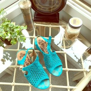 Blue cargonet wedge heels